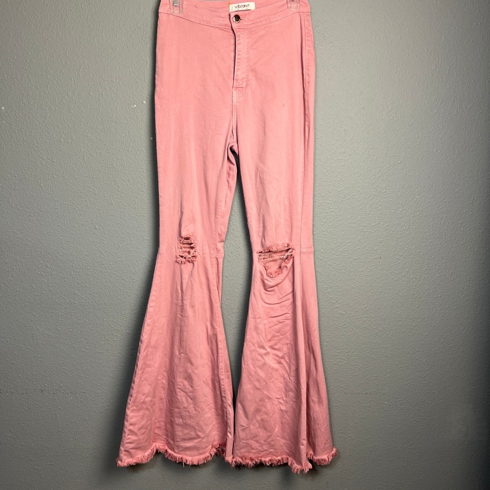 VIBRANT MIU Pink High Waist Ripped Distressed Raw Hem Flare Bell‎ Bottom Jeans